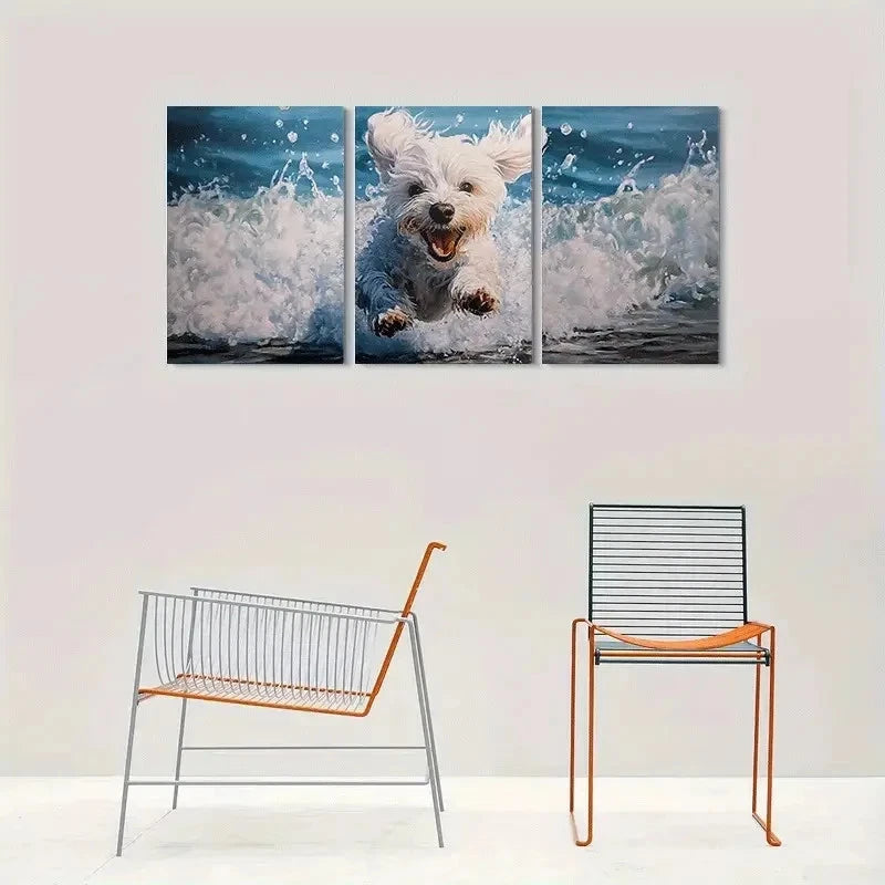 3pcs Adorable White Dog Running in Water Metal Print Ready to Hang Art - Bella Home Decor
