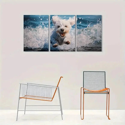 3pcs Adorable White Dog Running in Water Metal Print Ready to Hang Art - Bella Home Decor