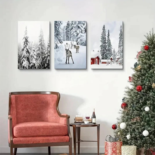 3pcs Reindeer & Pine Forest Scenes Metal Print Ready to Hang Art