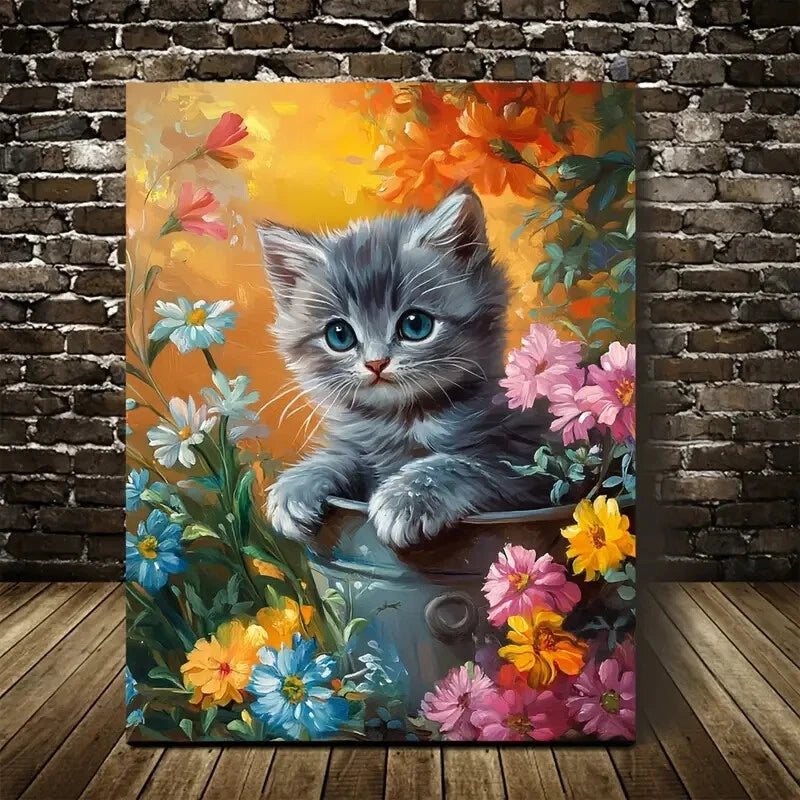 Flowers And Plants Cute British Shorthair Painting 40x60cm Metal Print Ready to Hang