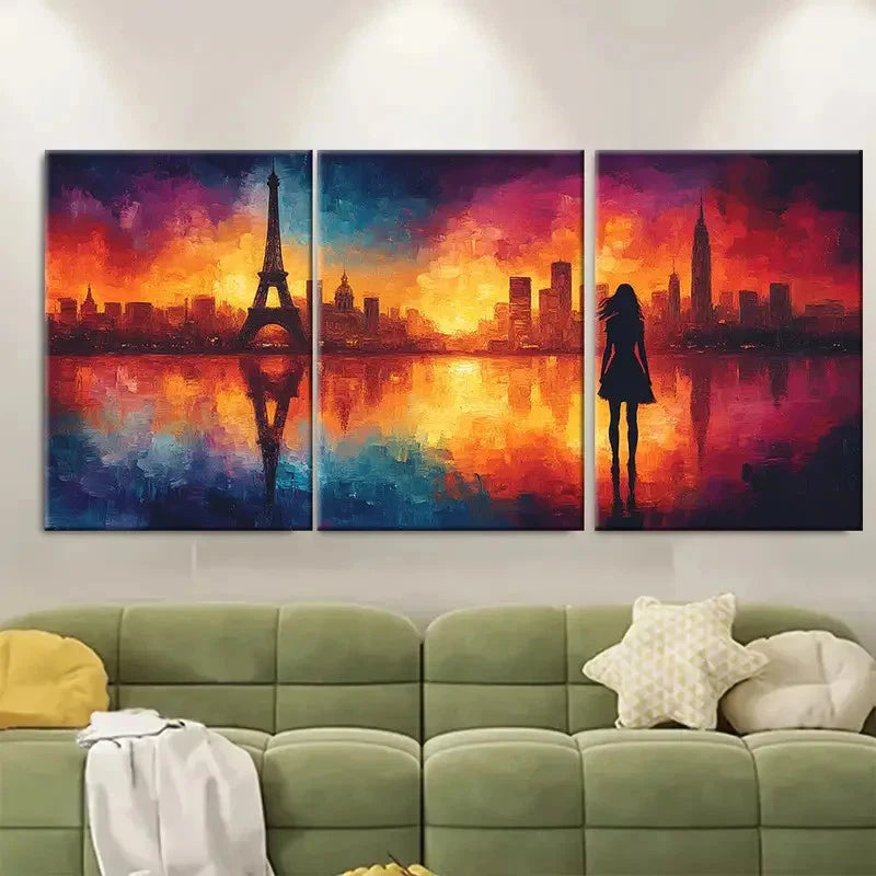 3pcs Vibrant French Skyline W  Wall Art Set Canvas Framed 40x60cm - High Quality Print 100% Australian Made Wall Canvas Ready to Hang