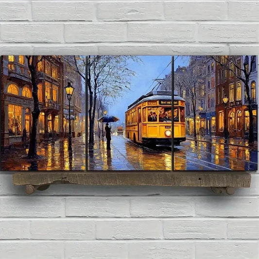 3pcs Rainy Street Golden Themed Wall Art Set Canvas Framed 60x90cm - High Quality Print 100% Australian Made Wall Canvas Ready to Hang