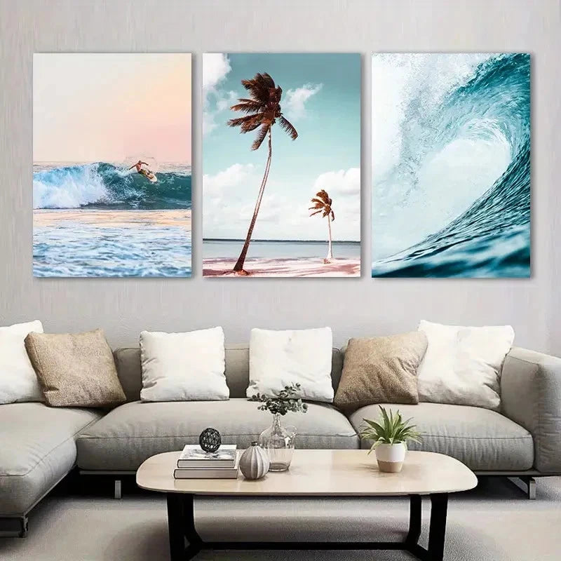 3pcs Surfing Speed Waves & Coconut Palm Tree Metal Print Ready to Hang Art