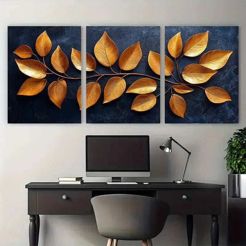 3pcs Tropical Plant Life Exotic Golden Leaves Metal Print Ready to Hang Art - Bella Home Decor