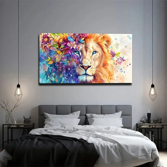 Surrounded By Flowers Lion Wall Art Canvas Office Home Room Framed 120x60cm