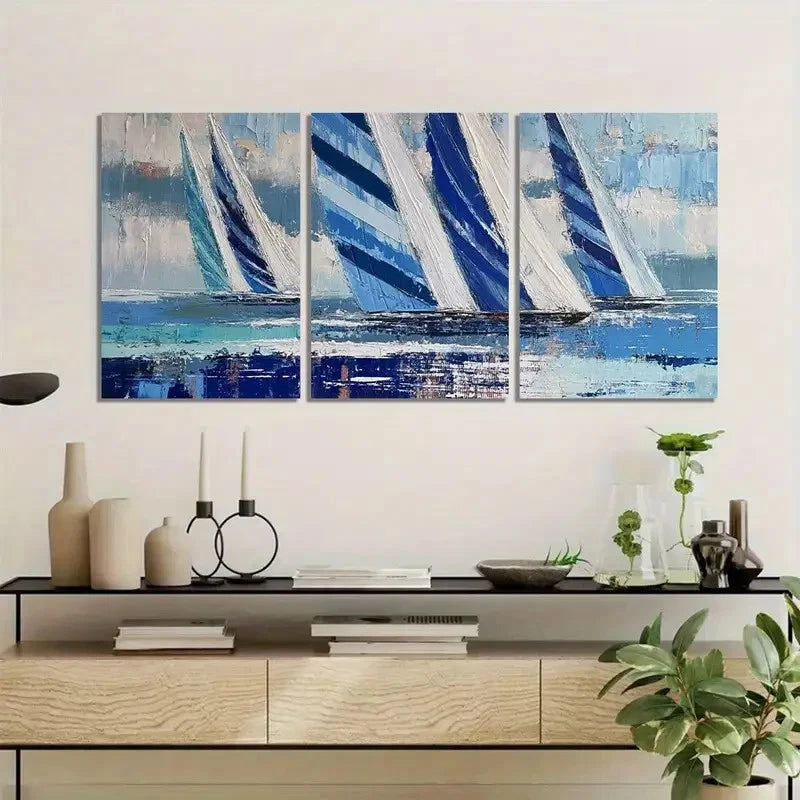 3pcs Blue & White Sailboat Design Print Metal Print Ready to Hang Art - Bella Home Decor
