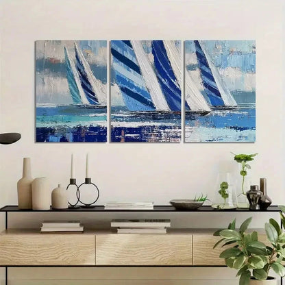 3pcs Blue & White Sailboat Design Print Metal Print Ready to Hang Art - Bella Home Decor