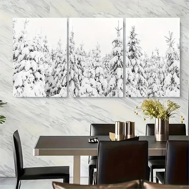 3pcs Serene Forest Scene with Snow-Covered Trees Metal Print Ready to Hang Art