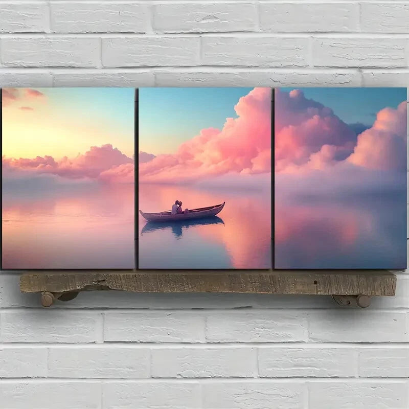 3pcs A Ship in The Pink Sea of Clouds Metal Print Ready to Hang Art - Bella Home Decor