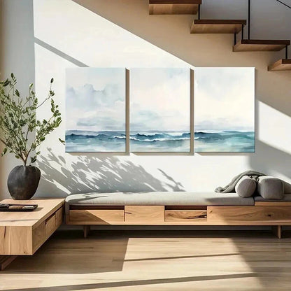 3pcs Tranquil Ocean Waves with Misty Sky Wall Art Set Canvas Framed 40x60cm - High Quality Print 100% Australian Made Wall Canvas Ready to Hang - Bella Home Decor