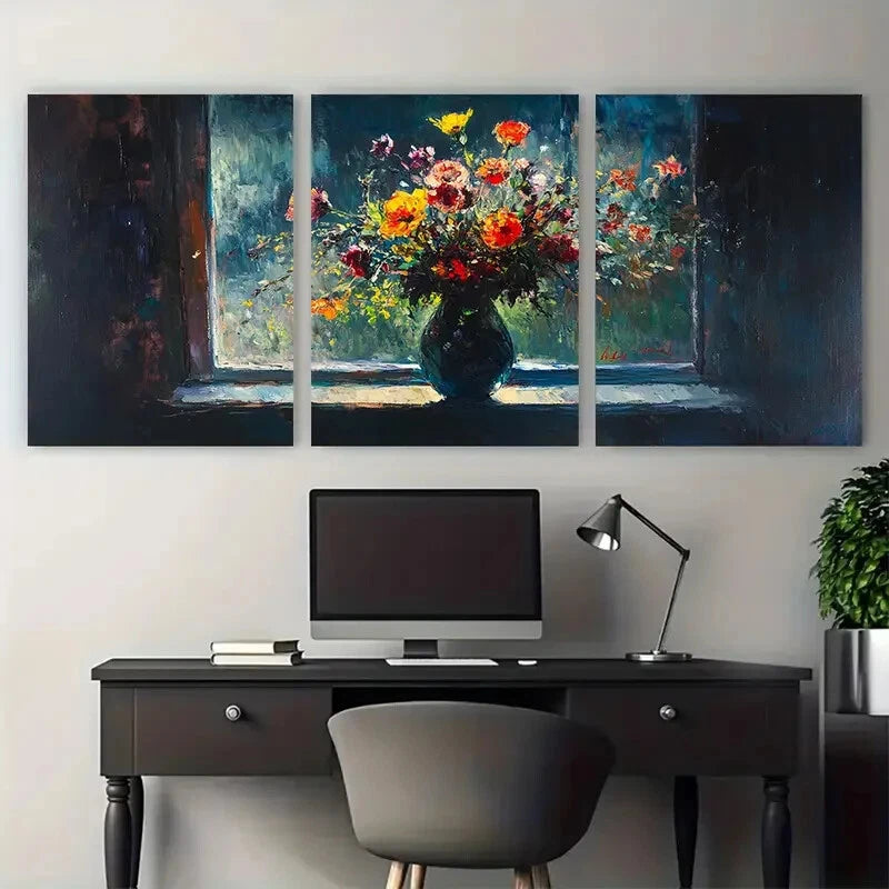 3pcs Vase by the Window Still Life in Dark Colors Metal Print Ready to Hang Art - Bella Home Decor