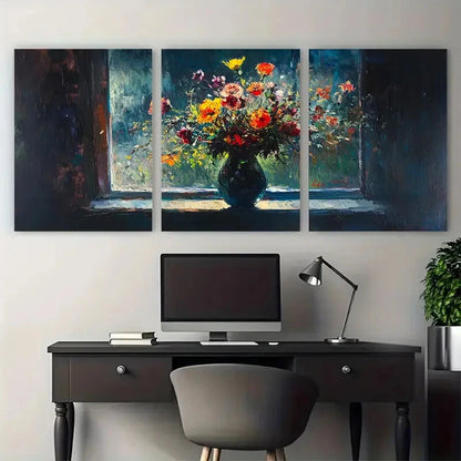 3pcs Vase by the Window Still Life in Dark Colors Metal Print Ready to Hang Art - Bella Home Decor