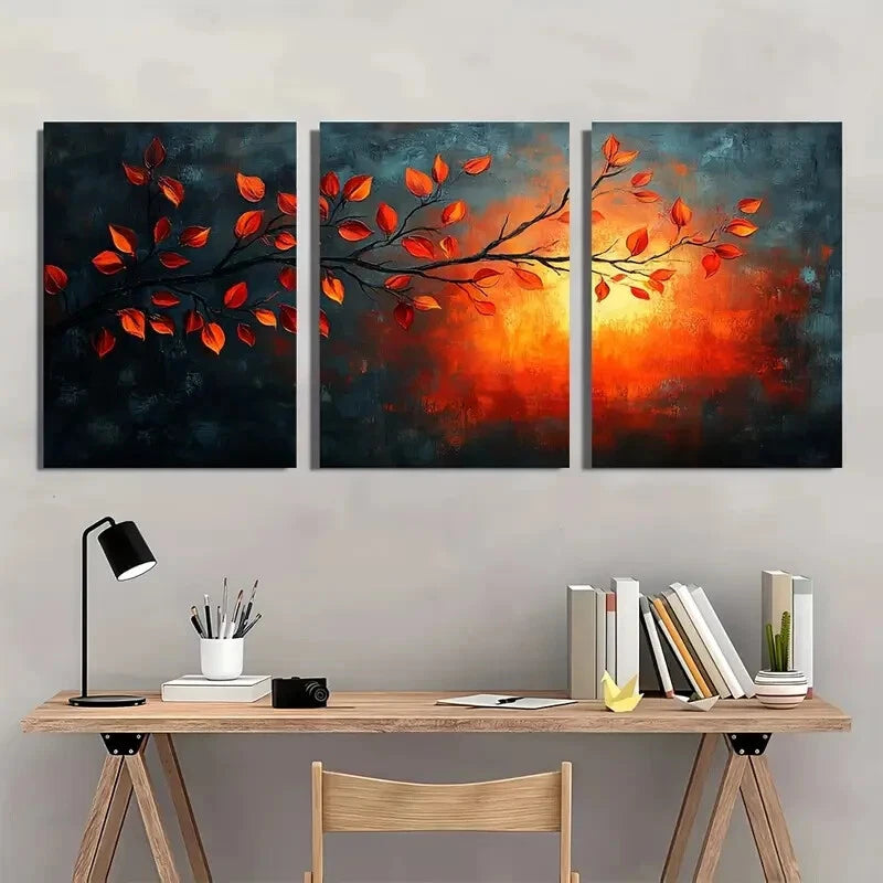 3pcs Nature Painting Autumn Leaves Artwork Metal Print Ready to Hang Art - Bella Home Decor