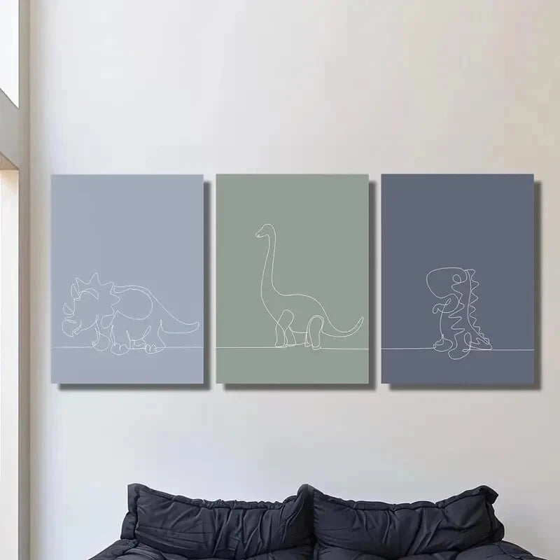 3pcs Minimalist Line Drawings of Dinosaurs Metal Print Ready to Hang Art - Bella Home Decor
