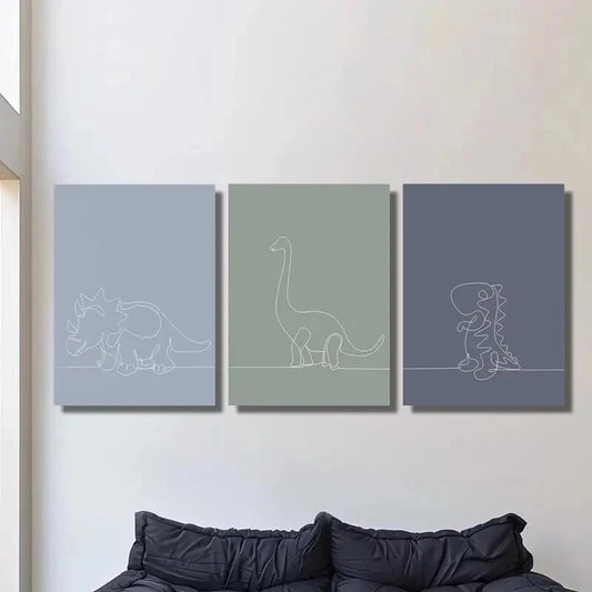 3pcs Minimalist Line Drawings of Dinosaurs Metal Print Ready to Hang Art - Bella Home Decor