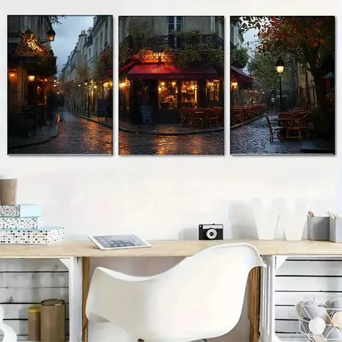 3 PCS Modern Beautiful Parisian Street Cafe Wall Art Set Canvas Unframed - High Quality Print 100% Australian Made Wall Canvas