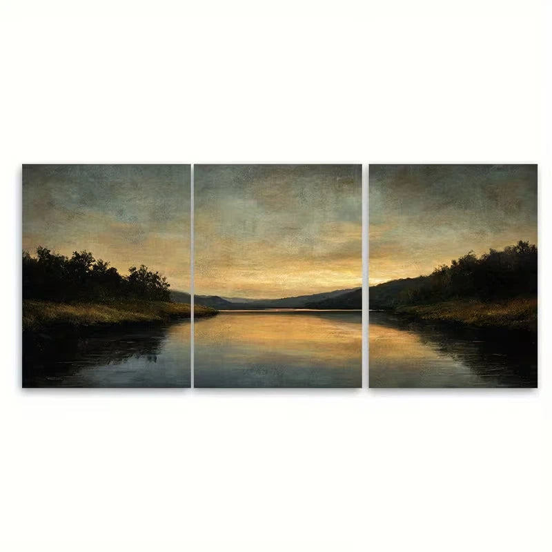 3pcs Lake at Early Dusk Vintage Metal Print Ready to Hang Art