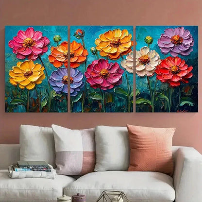 3pcs Zinnia Flowers Impasto Illustration Wall Art Set Canvas Framed 40x60cm - High Quality Print 100% Australian Made Wall Canvas Ready to Hang