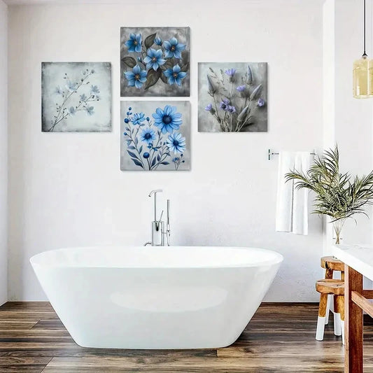 4pcs Blue Flower Botanical Posters Wall Art Canvas Framed