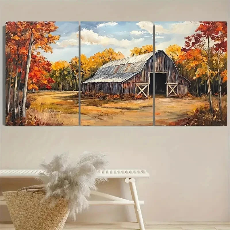 3pcs Barn Rustic Fall Farmhouse Scene Metal Print Ready to Hang Art - Bella Home Decor