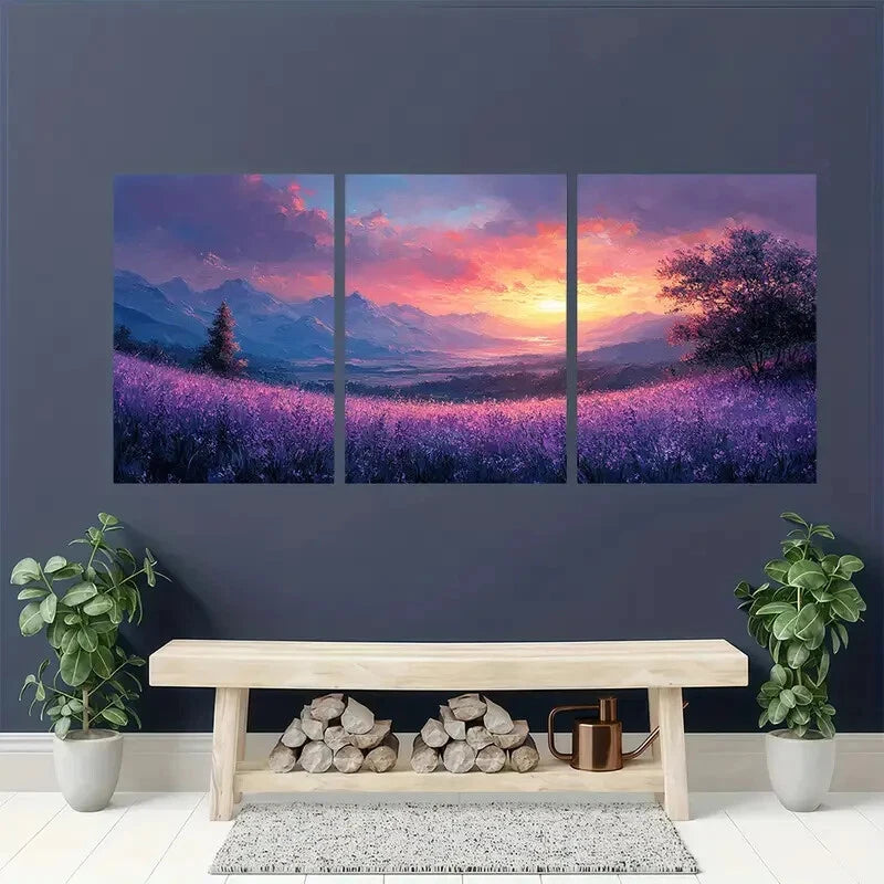 3pcs Soft Pastel Floral Fields with Mountains Metal Print Ready to Hang Art - Bella Home Decor