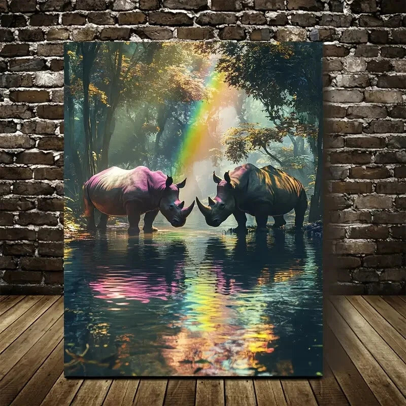 Magical Forest Scene with Rhinos and Rainbow 40x60cm Metal Print Ready to Hang - Bella Home Decor