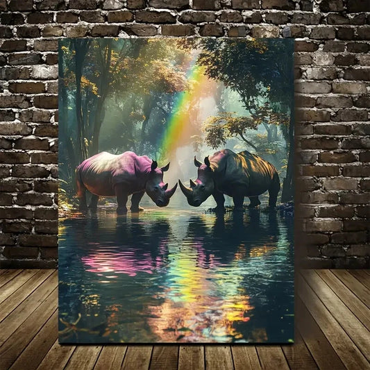 Magical Forest Scene with Rhinos and Rainbow 40x60cm Metal Print Ready to Hang - Bella Home Decor