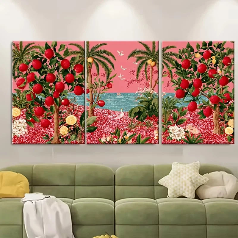 3pcs Trendy Red Italian Summer Landscapes Metal Print Ready to Hang Art