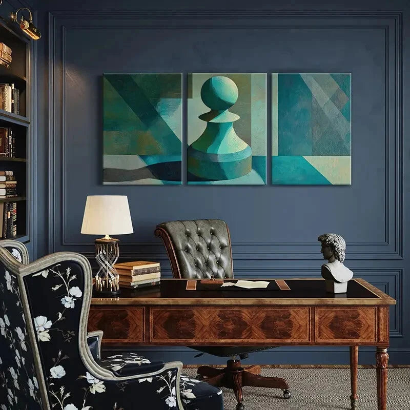 3pcs Abstract Chess Piece Geometric Patterns Blue Metal Print Ready to Hang Art - Bella Home Decor