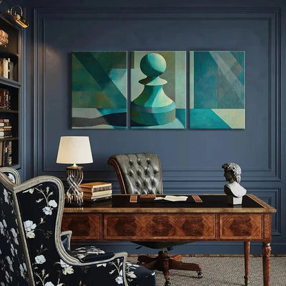 3pcs Abstract Chess Piece Geometric Patterns Blue Metal Print Ready to Hang Art - Bella Home Decor