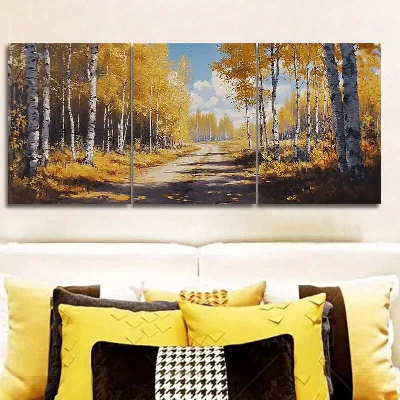 3pcs Birch forest in autumn Painting Wall Art Set Canvas Framed 50x70cm - High Quality Print 100% Australian Made Wall Canvas Ready to Hang