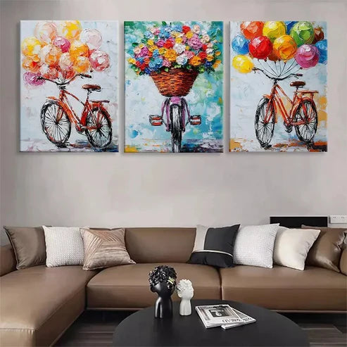 3pcs Colorful Bicycle with Balloons Perfect  Wall Art Set Canvas Unframed - High Quality Print 100% Australian Made Wall Canvas - Bella Home Decor