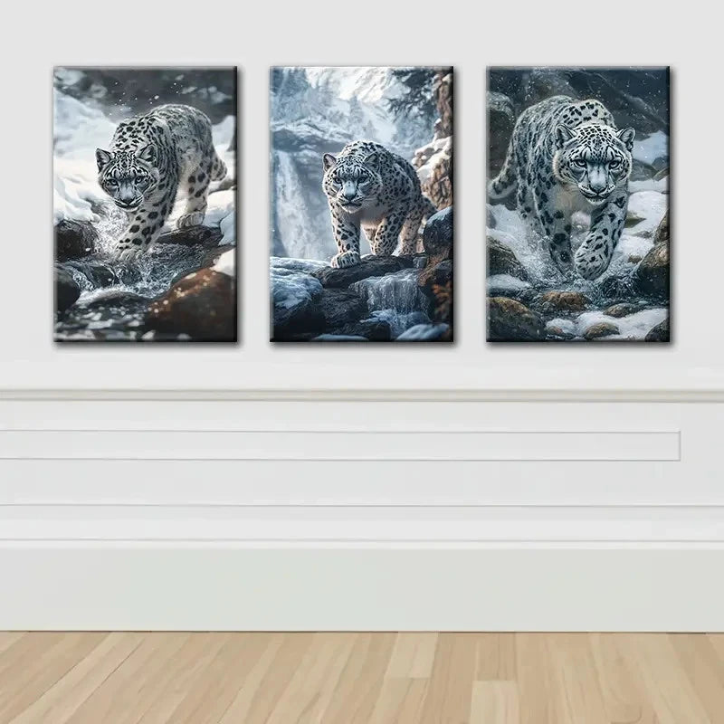 3pcs Snow Leopard Animal Print Wall Art Set Canvas Framed 40x60cm - High Quality Print 100% Australian Made Wall Canvas Ready to Hang