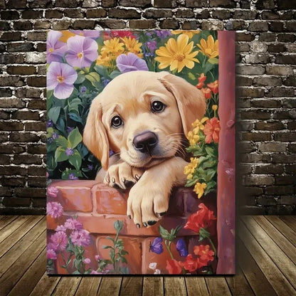 Adorable Labrador Puppy & Floral Garden Painting 40x60cm Metal Print Ready to Hang - Bella Home Decor