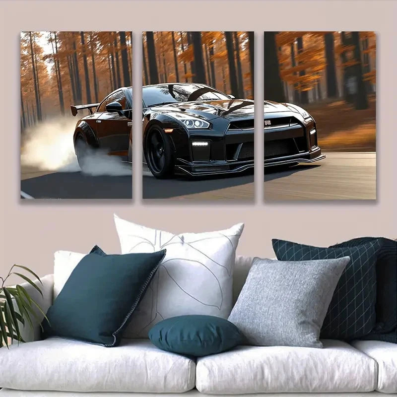3pcs Black GT-R Nismo Sports Car Forest Wall Art Set Canvas Framed 40x60cm - High Quality Print 100% Australian Made Wall Canvas Ready to Hang - Bella Home Decor