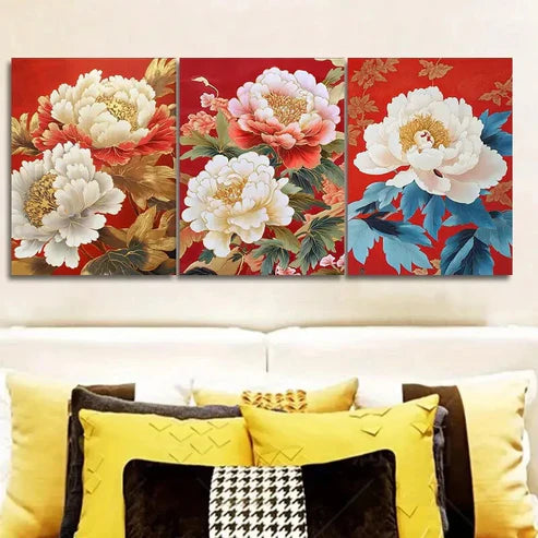 3pcs Luxurious Peony Flower Painting Wall Art Set Canvas Unframed - High Quality Print 100% Australian Made Wall Canvas
