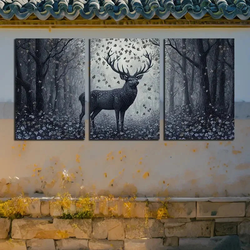 3pcs Leaves Falling on the Forest Deer Dark Theme Metal Print Ready to Hang Art - Bella Home Decor