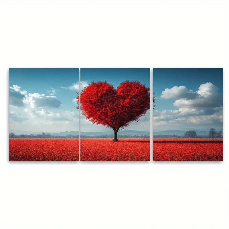 3pcs Romantic Heart Shaped Tree Red Meadow Scene Wall Art Set Canvas Framed 40x60cm - High Quality Print 100% Australian Made Wall Canvas Ready to Hang