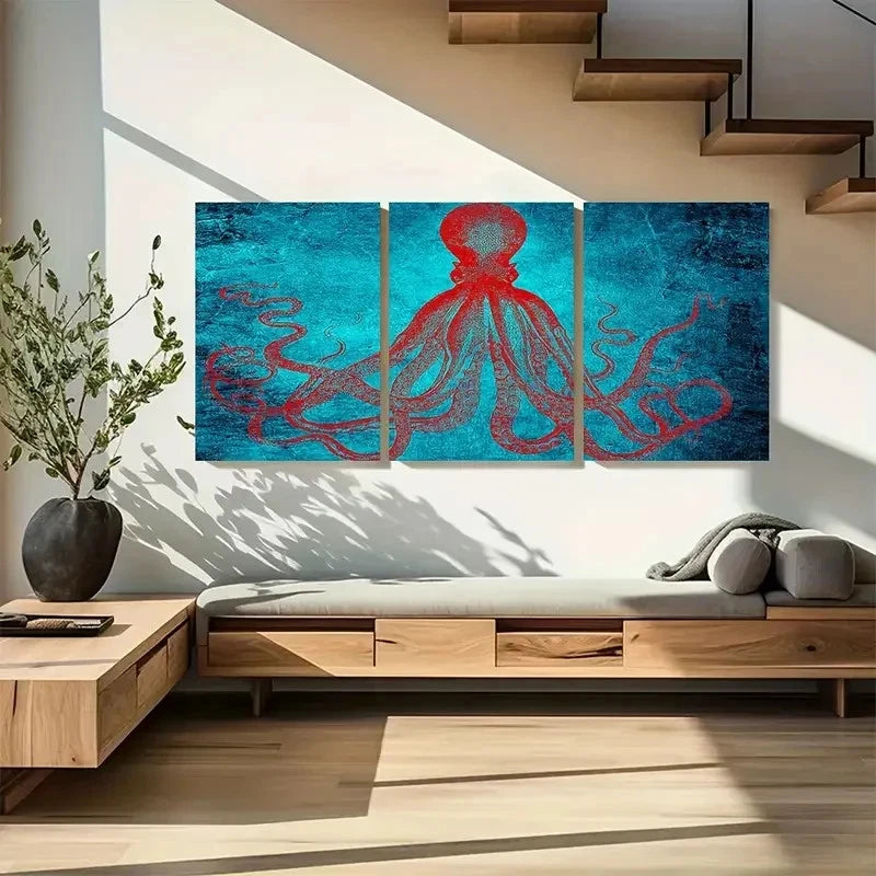 3pcs Blue & Red Kraken Artwork Metal Print Ready to Hang Art - Bella Home Decor