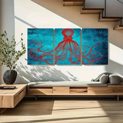 3pcs Blue & Red Kraken Artwork Metal Print Ready to Hang Art - Bella Home Decor