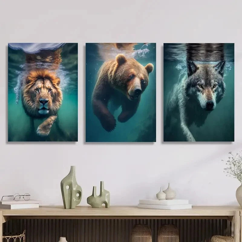 3pcs Beasts underwater, Lions, bears and wolves, Metal Print Ready to Hang Art - Bella Home Decor