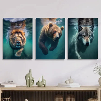 3pcs Beasts underwater, Lions, bears and wolves, Metal Print Ready to Hang Art - Bella Home Decor