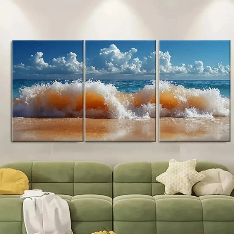 3pcs Australian Ocean Waves Crashing on Seashore Metal Print Ready to Hang Art - Bella Home Decor
