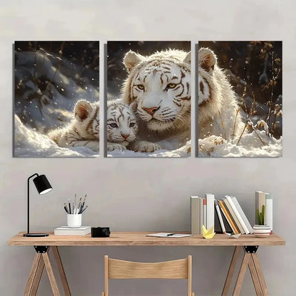 3pcs White Tiger Mother and Cub Painting Wall Art Set Canvas Framed 40x60cm - High Quality Print 100% Australian Made Wall Canvas Ready to Hang