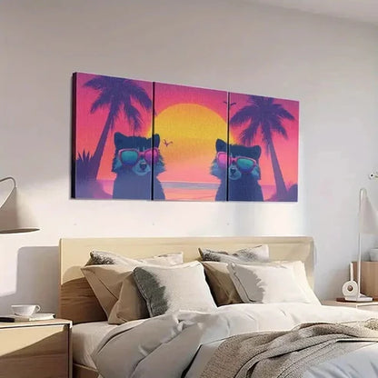 3pcs Raccoons in Fashion Glasses Beach Sunset Wall Art Set Canvas Unframed - High Quality Print 100% Australian Made Wall Canvas