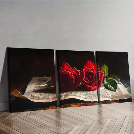 3pcs Red Roses on Vintage Newspaper Wall Art Set Canvas Framed 40x60cm - High Quality Print 100% Australian Made Wall Canvas Ready to Hang