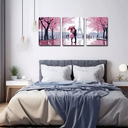 3pcs Pink Trees, Paris Tower, Lovers, Wall Art Set Wall Art Canvas Unframed - High Quality Print 100% Australian Made Wall Canvas