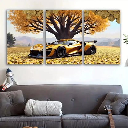 3pcs The Car Stopped Under The Tree Wall Art Set Canvas Framed 60x90cm - High Quality Print 100% Australian Made Wall Canvas Ready to Hang