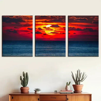 3pcs Simple Style Vibrant ocean sunset scenery Wall Art Canvas Unframed - High Quality Print 100% Australian Made Wall Canvas