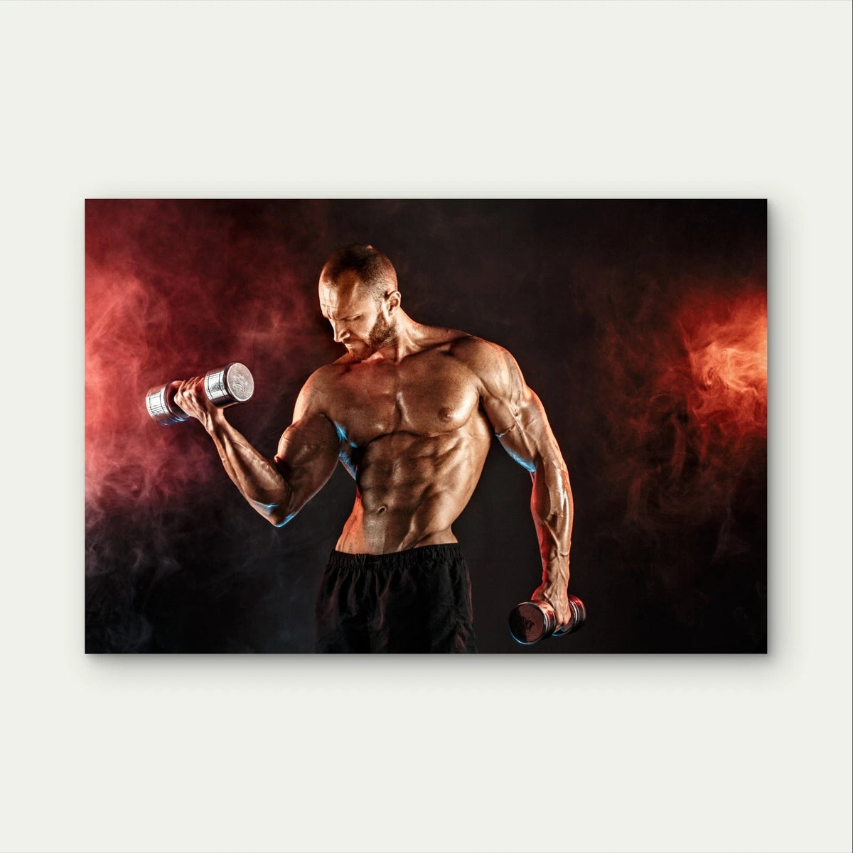Athlete Doing Dumbbell Curls Red Smoke 5mm Plastic Poster Ready to Hang 90x60cm